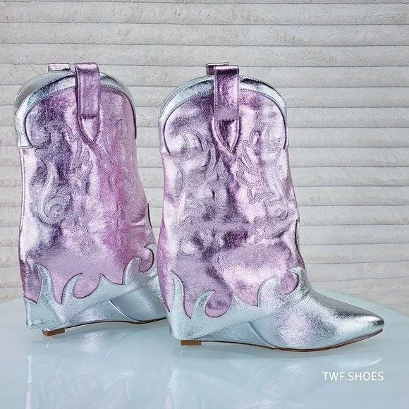Show Off By Azalea Wang Silver Metallic Fold Over Western Wedge Ankle Boots - Picture 1 of 10